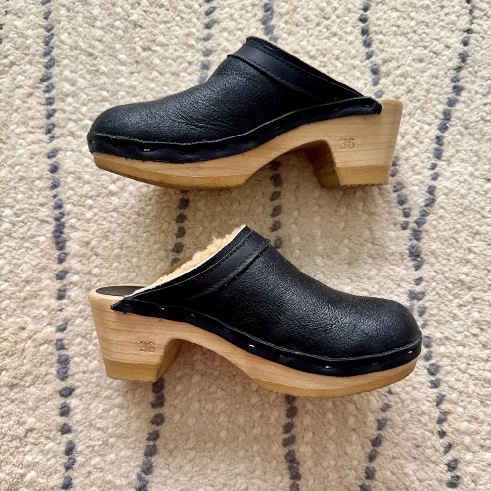 No. 6 Leather Shearling Mid Heel Clogs - Picture 2 of 8